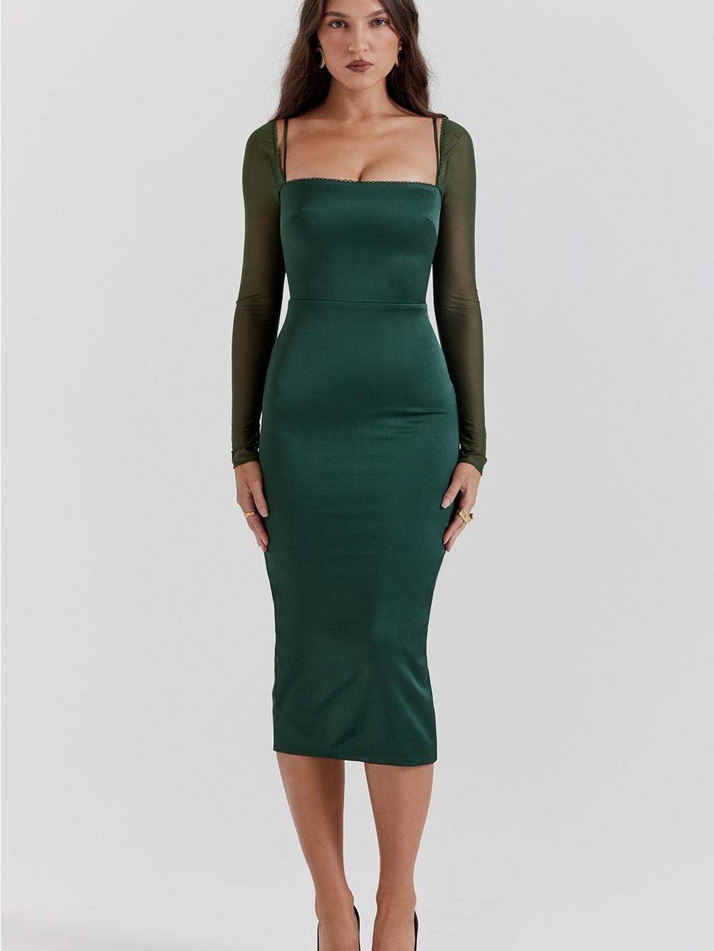 NWT House of CB Classic Square-Neck Long Sleeve Bodycon Dress in Deep Green